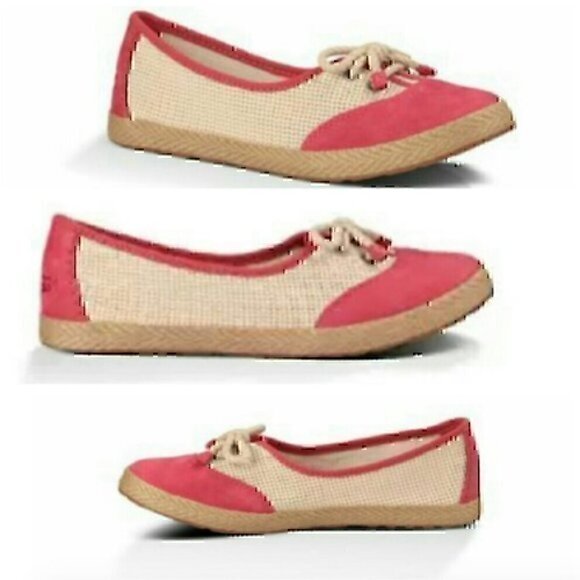 UGG Catrin Crochet Slip Ons Coral Red Pink Beige Espadrille LEATHER Flats US 8 - Picture 2 of 13